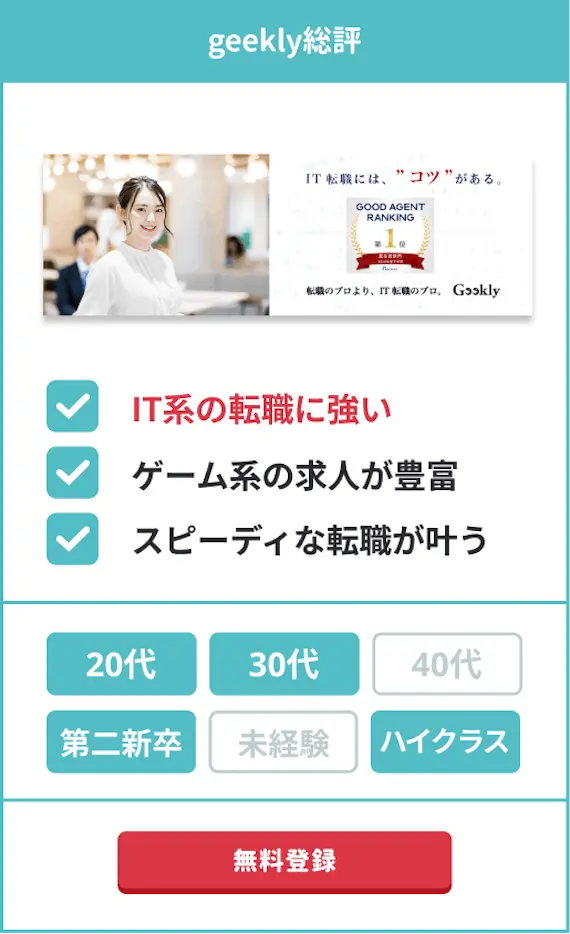 Geekly総評　IT系の転職に強い　ゲーム系の求人が豊富　スピーディーな転職が叶う　20代　30代　第二新卒　ハイクラス