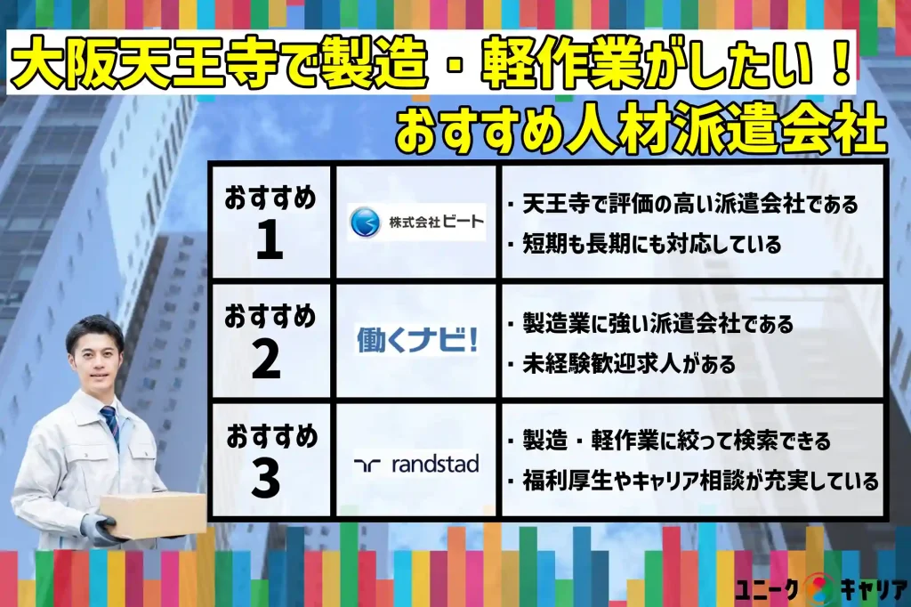 大阪天王寺　製造　軽作業　おすすめ　人材派遣会社