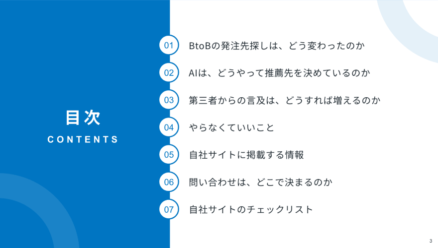 資料の目次：「BtoBの発注先探しは、どう変わったのか」「AIは、どうやって推薦先を決めているのか」「第三者からの言及は、どうすれば増えるのか」「やらなくていいこと」……などの項目が全部で7項目並んでいる。
